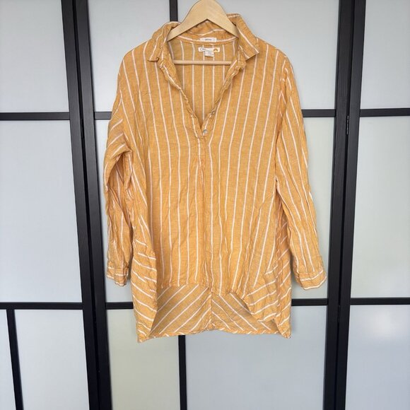 C&C California Linen Tunic Shirt Womens 1X Striped Beach Resort Boho Lagenlook - Picture 1 of 14